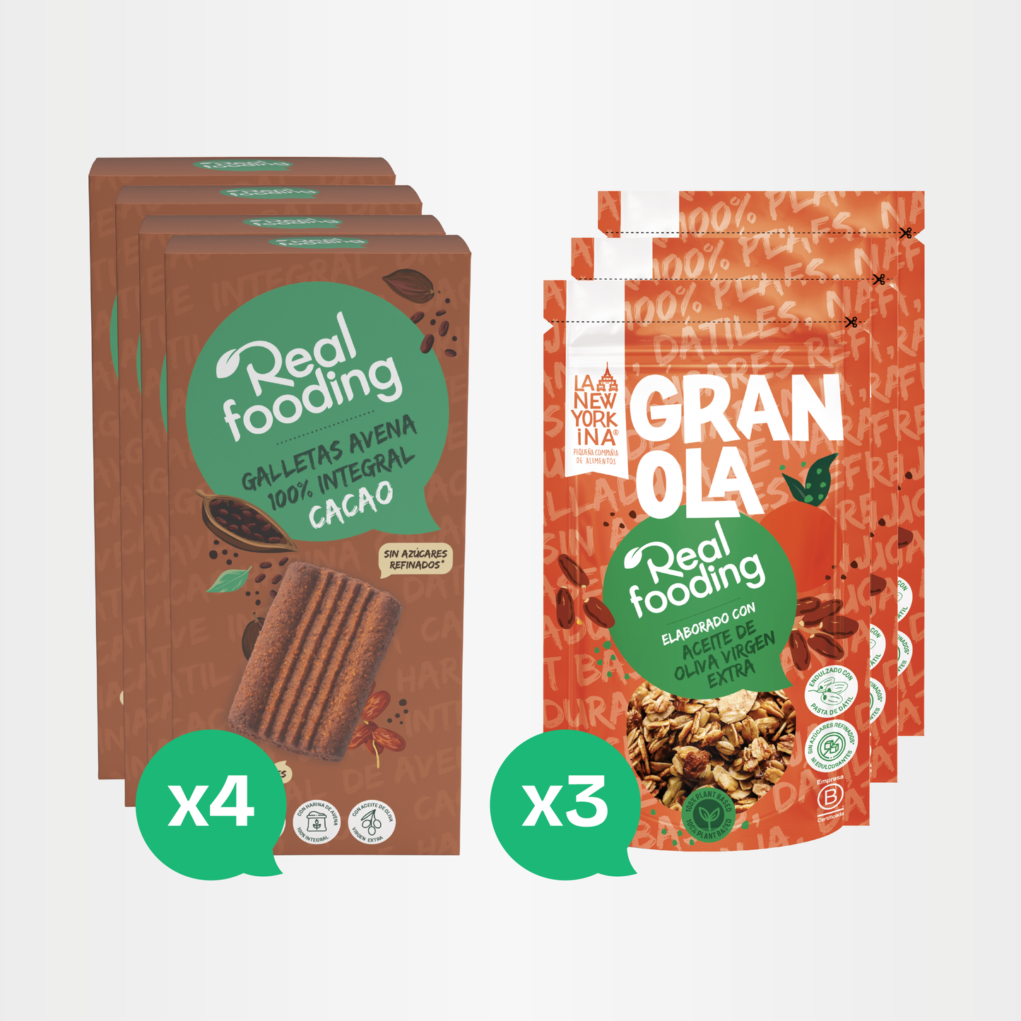 Realfooding | Pack desayuno natural cacao | 4 Galletas cacao + 3 Granolas naranja