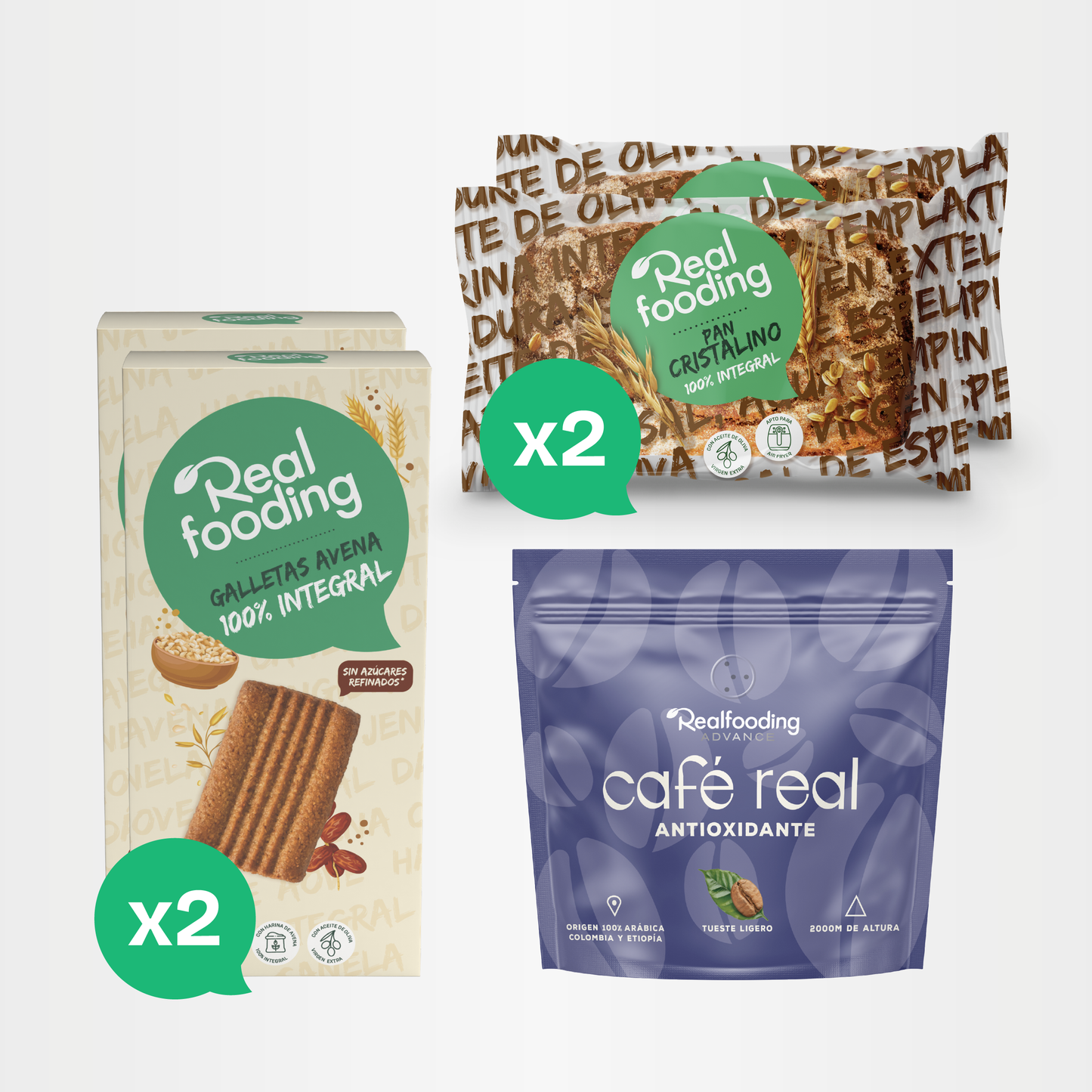 Realfooding | Pack energía natural Avena | 1 Café Real + 2 Pan Cristalino + 2 Galletas avena