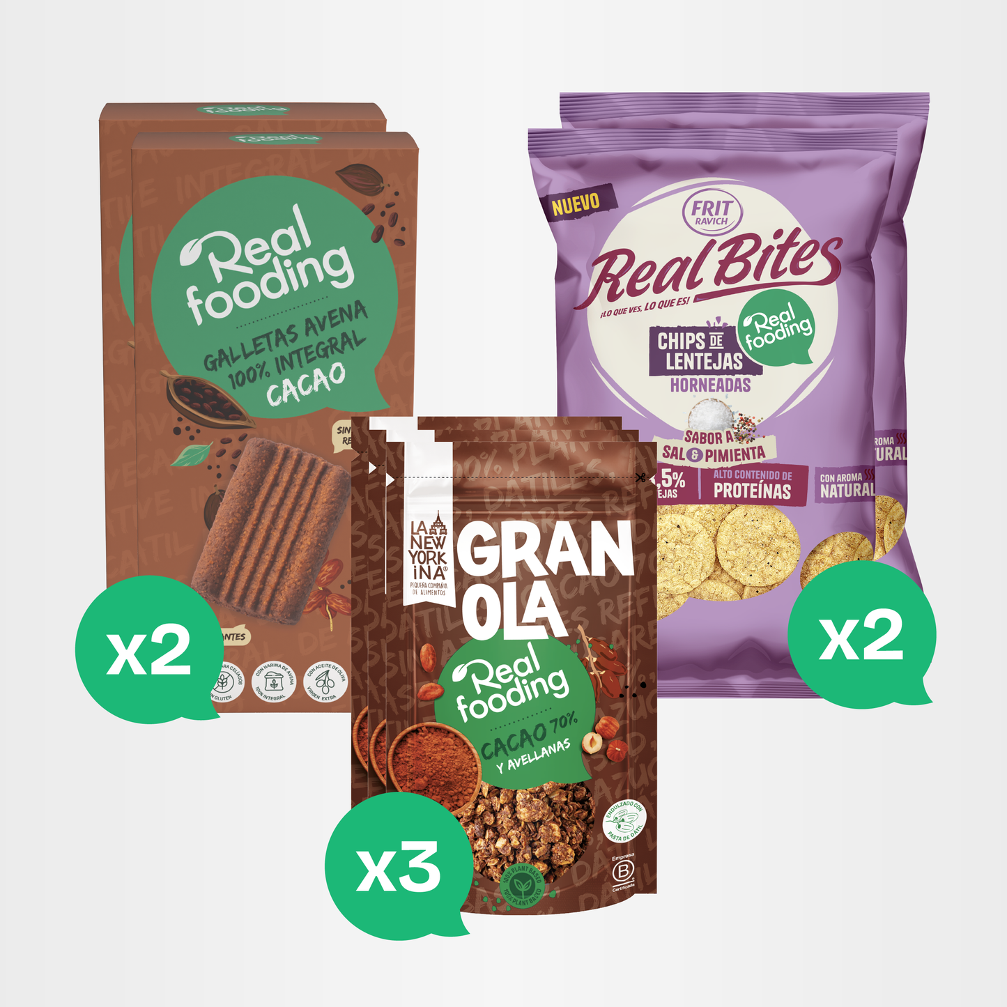 Realfooding | Pack completo Cacao | 3 Granolas cacao + 2 galletas cacao + 2 Real bites sal y pimienta