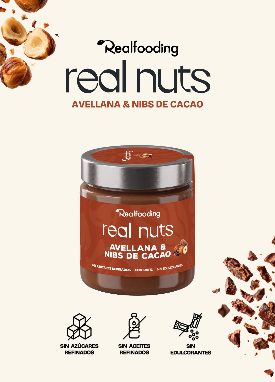 Crema de avellanas con dátiles y nibs de cacao