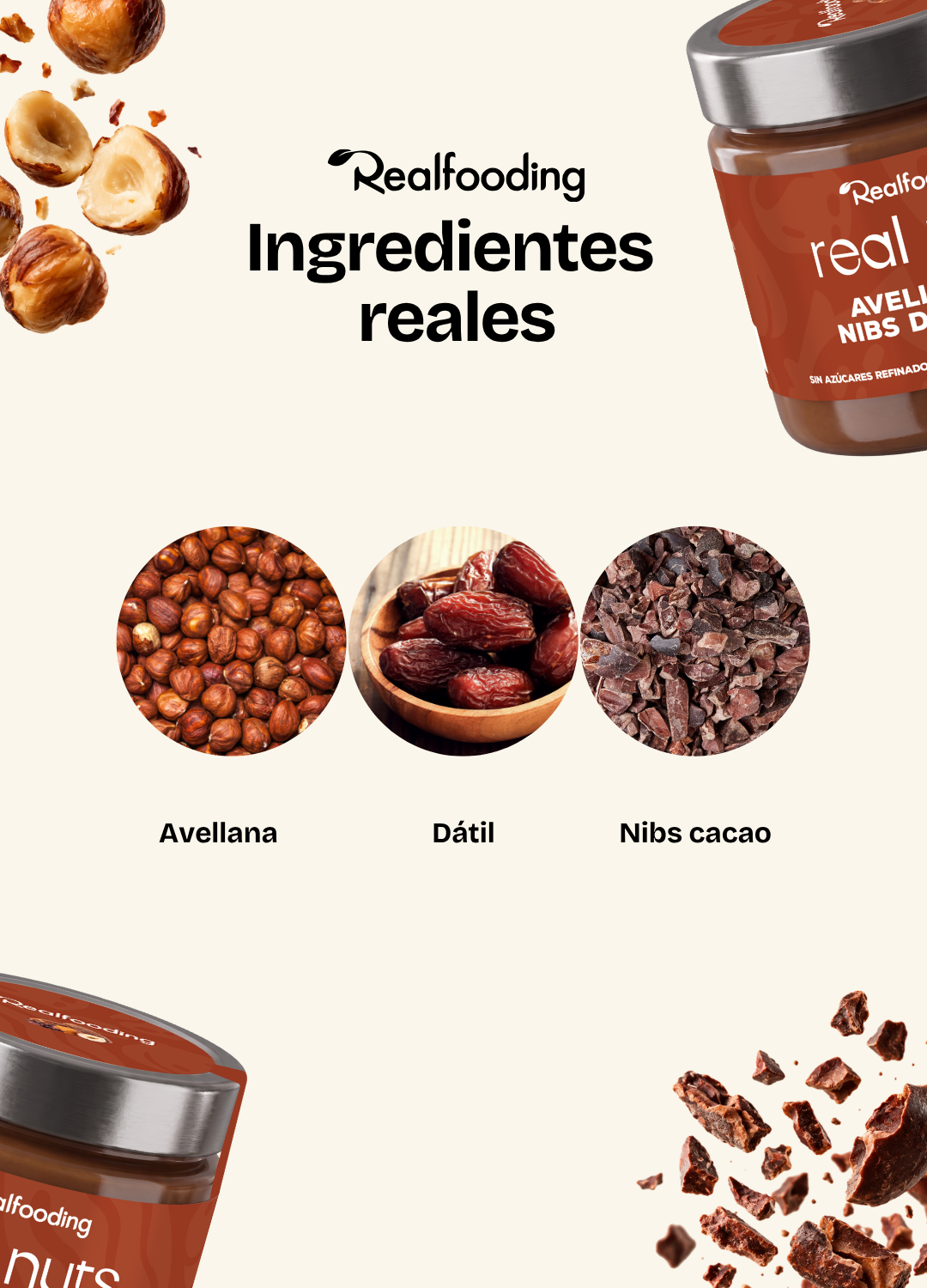 Crema de avellanas con dátiles y nibs de cacao