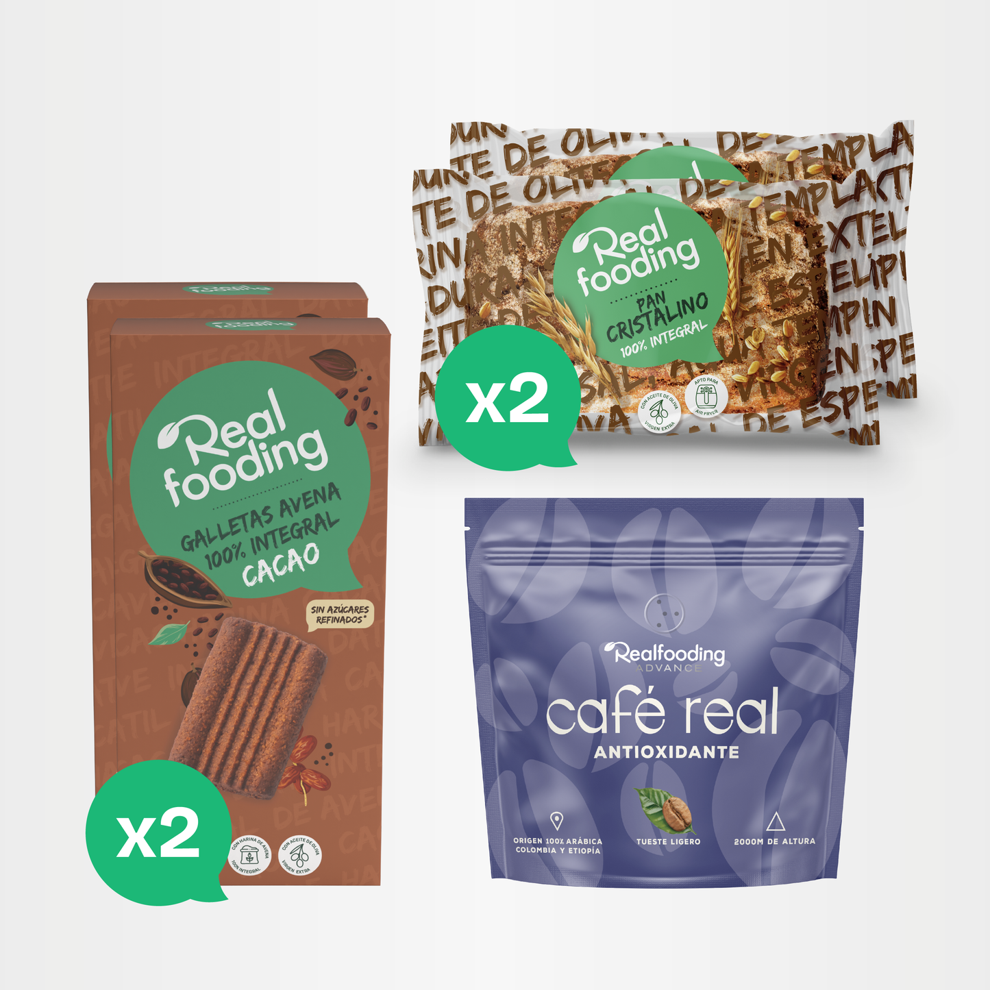 Realfooding | Pack energía natural Cacao | 1 Café Real + 2 Pan cristalino + 2 Galletas cacao Integrales