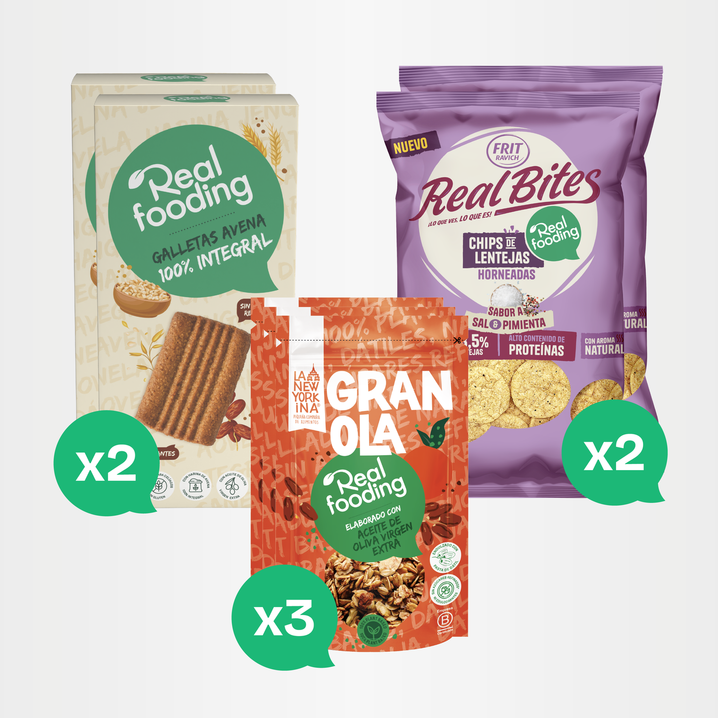 Realfooding | Pack Completo Avena | 3 Granolas naranja + 2 Galletas avena + 2 Real Bites sal y pimienta